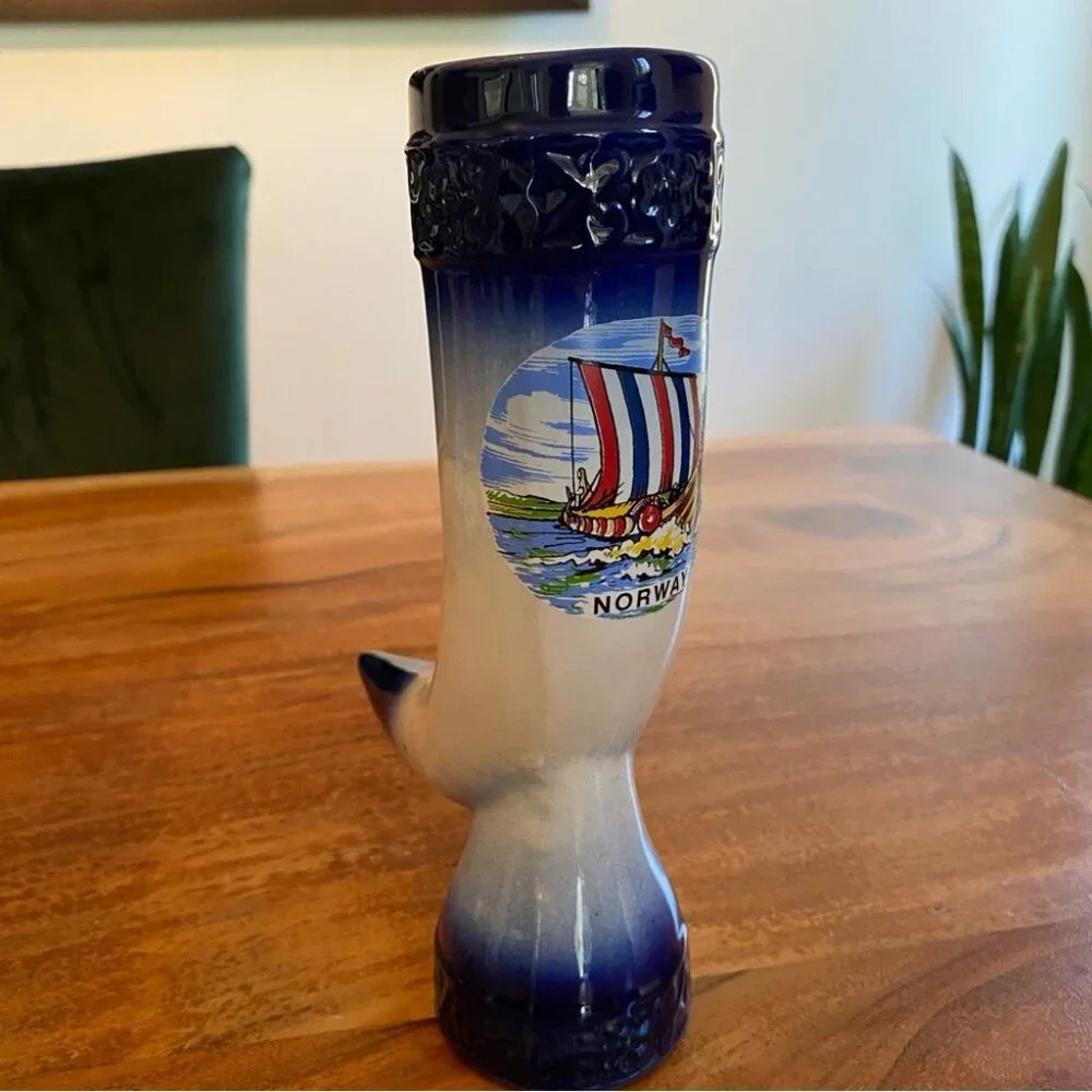 Vintage Viking Horn Shaped Ceramic Stein  Norway